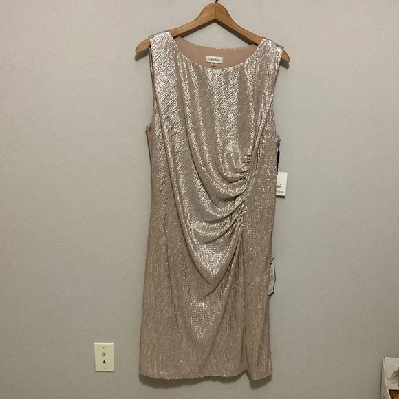 Calvin Klein Shimmering Metallic Gold Sleeveless Sheath Dress, Plus Size 16, 16W - Picture 3 of 14